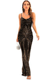 Svart Paljetter Spaghetti Strap Backless Bodycon Lång Aftonklänning