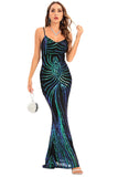 Svart Paljetter Spaghetti Strap Backless Bodycon Lång Aftonklänning