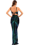 Svart Paljetter Spaghetti Strap Backless Bodycon Lång Aftonklänning
