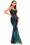 Svart Paljetter Spaghetti Strap Backless Bodycon Lång Aftonklänning