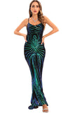 Svart Paljetter Spaghetti Strap Backless Bodycon Lång Aftonklänning