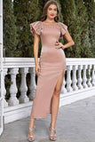 Blush Square Neck Cap Ärmar Bodycon Lång festklänning