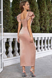 Blush Square Neck Cap Ärmar Bodycon Lång festklänning