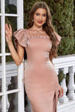 Blush Square Neck Cap Ärmar Bodycon Lång festklänning