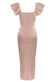 Blush Square Neck Cap Ärmar Bodycon Lång festklänning