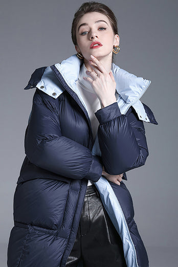 Marinblå lång vinterdunjacka med fickor