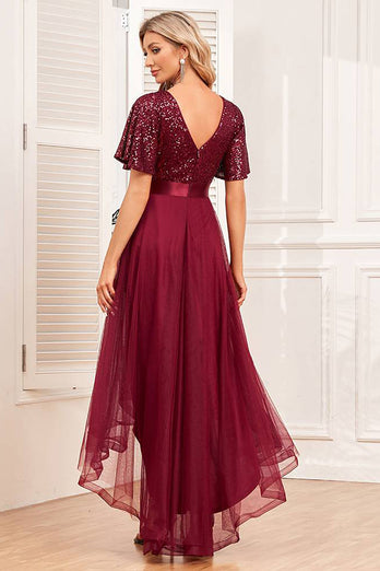 Vinröd hög-låg A-linjeformad klänning med paljetter