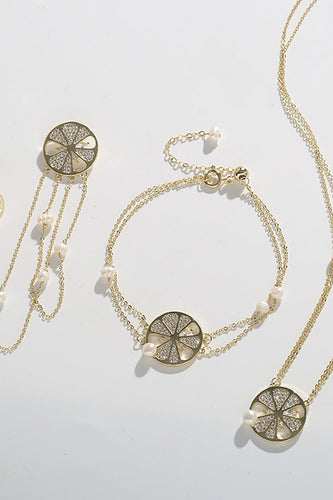 Gyllene sötvattenspärlhalsband och örhängen med pärlarmband