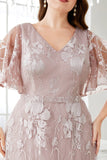 Grå Rosa A-linjeformad V-ringad broderad Plus Size Balklänning