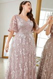 Grå Rosa A-linjeformad V-ringad broderad Plus Size Balklänning