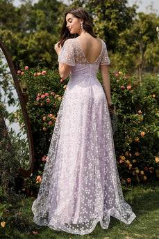 Lilac A line Tulle Balklänning med Blommönster