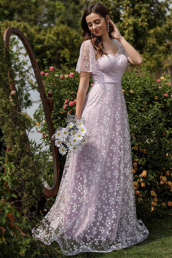 Lilac A line Tulle Balklänning med Blommönster