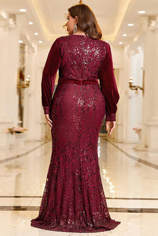Glittrande vinröd formell klänning i plusstorlek med långa ärmar