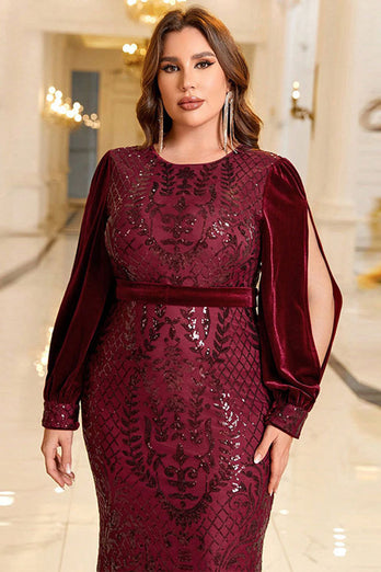 Glittrande vinröd formell klänning i plusstorlek med långa ärmar