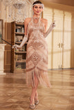 Champagne Glitter Halter Fransar 1920-tal Klänning med ärmlös