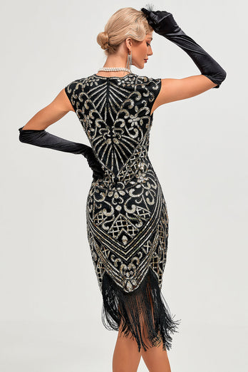 Glittrande svart pärlstav fransad 1920-tals Gatsby-klänning