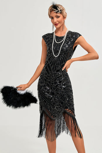 Glittrande svart pärlstav fransad 1920-tals Gatsby-klänning