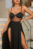 Svart Spaghetti Straps Balklänning med Slits