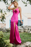 Mermaid Fuchsia pärlstav balklänning med slits