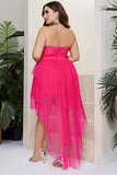 Plus Size Glittrande Fuchsia Tiered Balklänning
