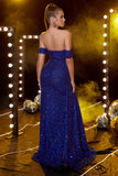 Off the Shoulder Royal Blue Glitter Balklänning med slits