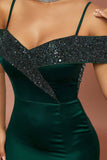 Mörkgrön Off The Shoulder Glittrande Balklänning med Slits