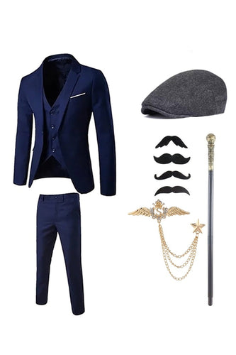 Mörkblå skårade slag för män 1920-tals kostymer med tillbehörsset