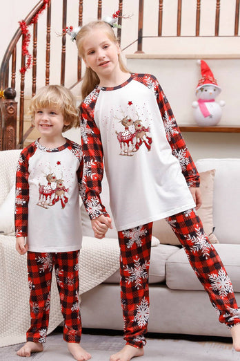 Röd Pläd Matchande familj julpyjamas med snöflinga