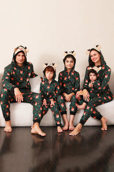 Mörkgrön tryckt familjejulpyjamas i ett stycke