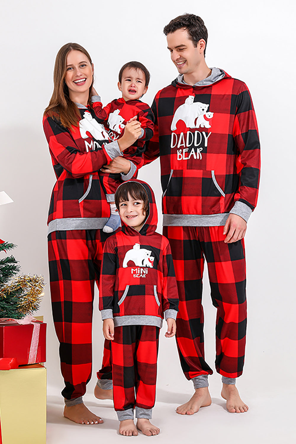 Jul Familj Rött Rutnät Björn Tryck Pyjamas Set