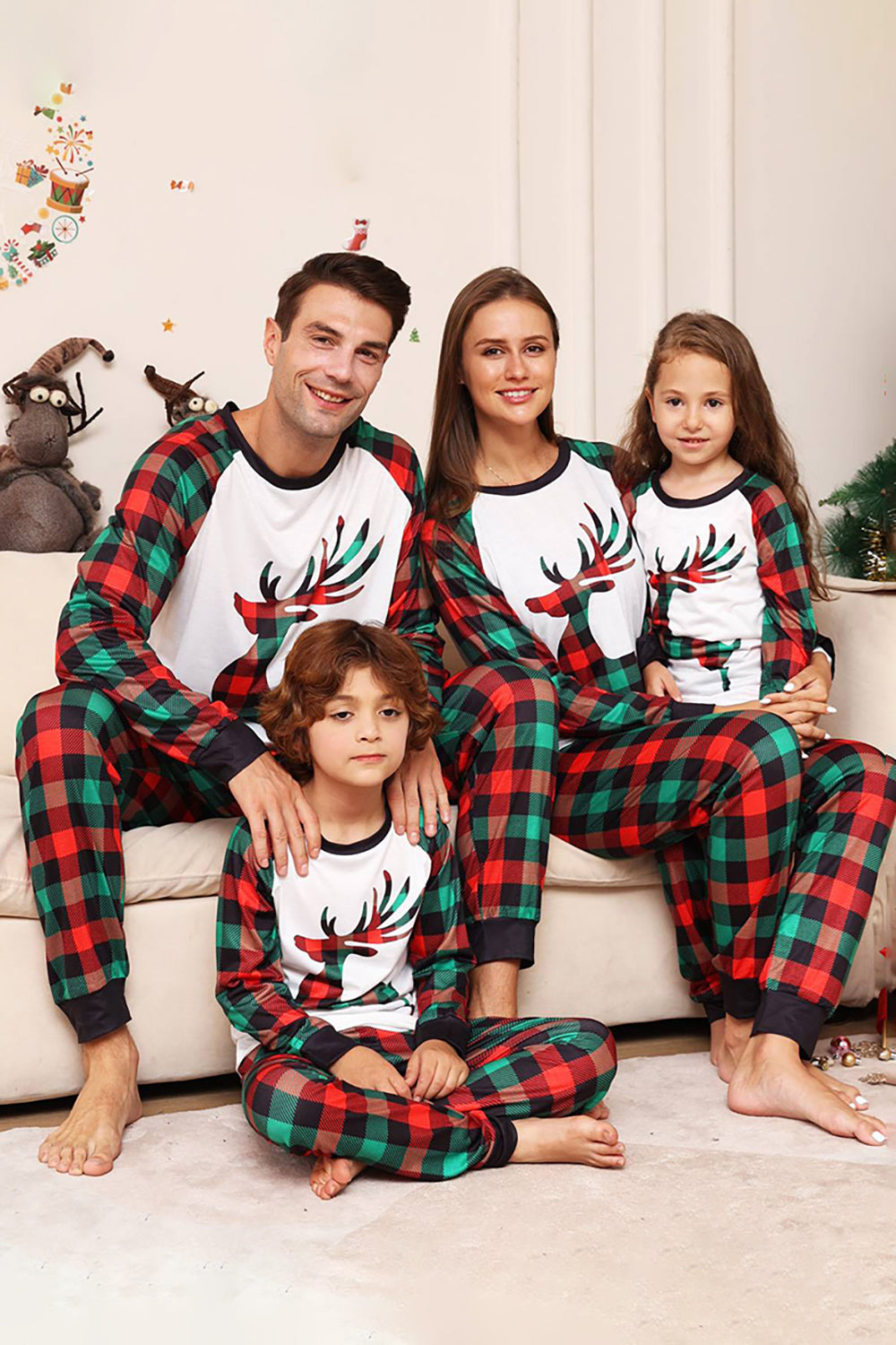 Grön och röd rutnät rådjur jul familj matchande pyjamas set