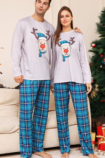 Grå rådjur och blå rutig jul familj matchande pyjamas set