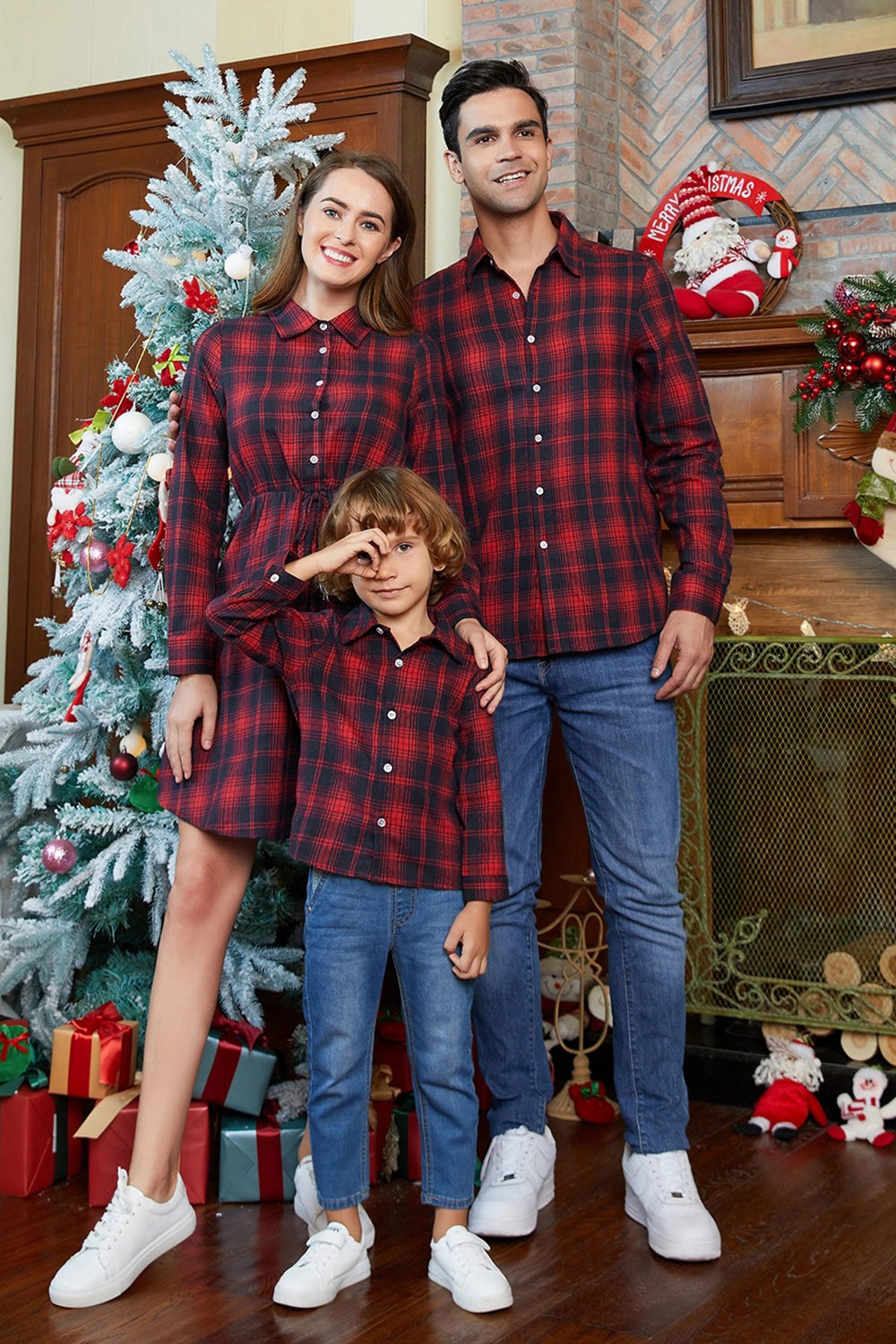 Familj Matchande Outfits Mörkröd Rutig Bowknot Klänningar och Långärmad T-Shirt