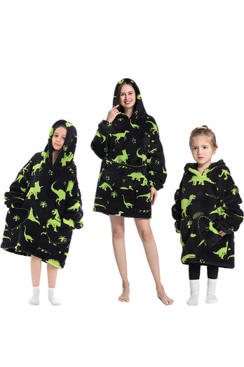 Svart Dinosaurie Familj Matchande Flanell Oversize Wearable Hoodie Filt Tröja