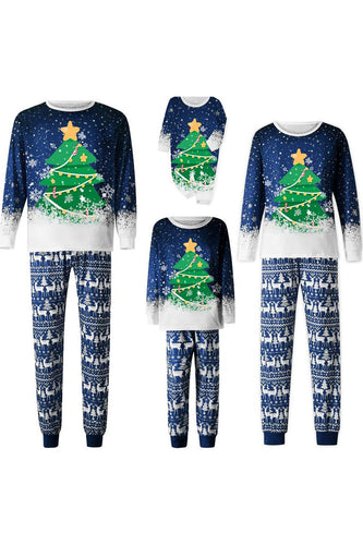 Jul Familj Matchande Pyjamas Set Blå Julgran Tryck Pyjamas
