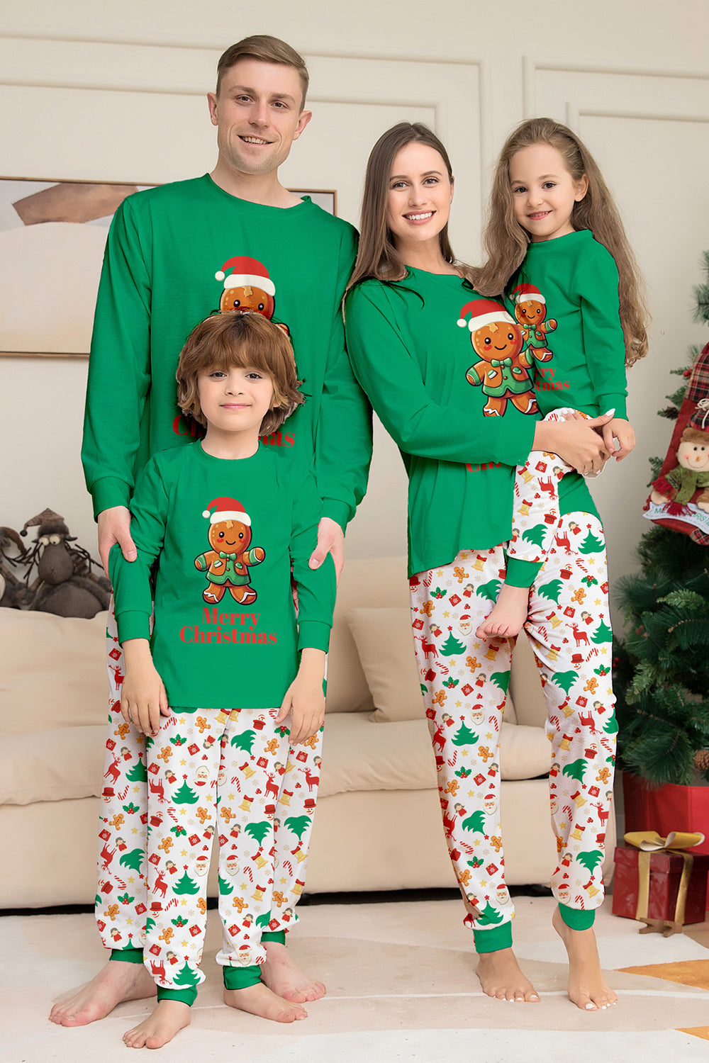 Jul Familj Matchande Pyjamas Grön Jultomten Tryck Pyjamas Set
