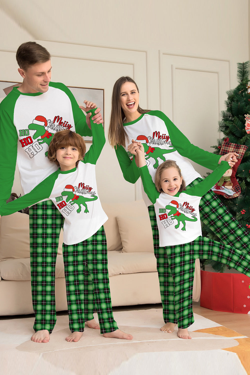 Jul Familj Matchande Pyjamas Grön Pläd Dinosaur Tryck Pyjamas Set