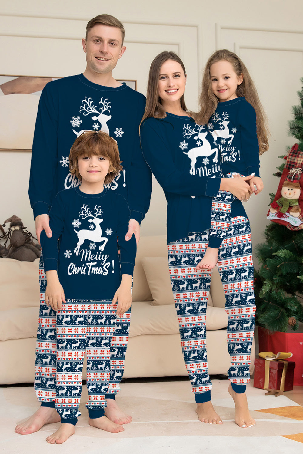 Jul Familj Matchande Pyjamas Set Marinblå Jul Rådjur Pyjamas