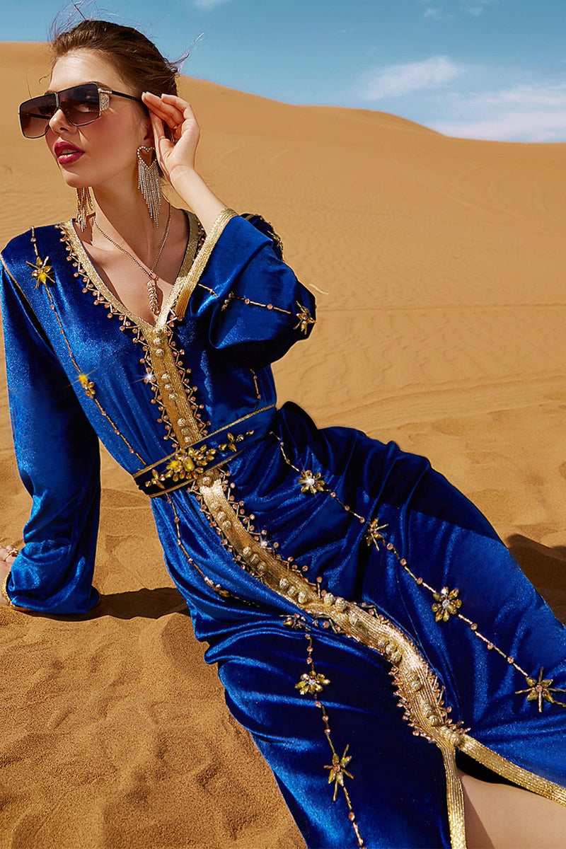 Load image into Gallery viewer, Royalblå Sammet Marokansk Kaftanklänning med Embroidery