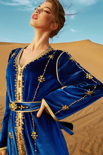 Royalblå Sammet Marokansk Kaftanklänning med Embroidery