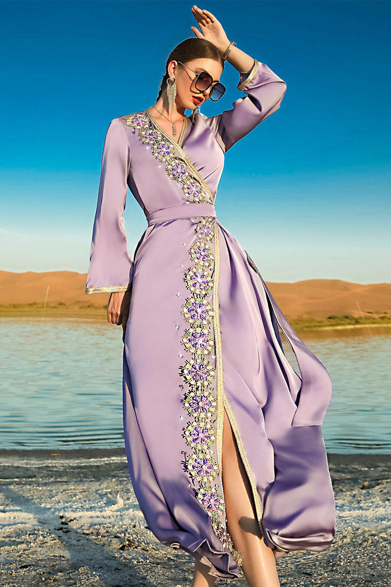 Load image into Gallery viewer, Lilac med Pärlor Omlottklänning Marokansk Kaftan