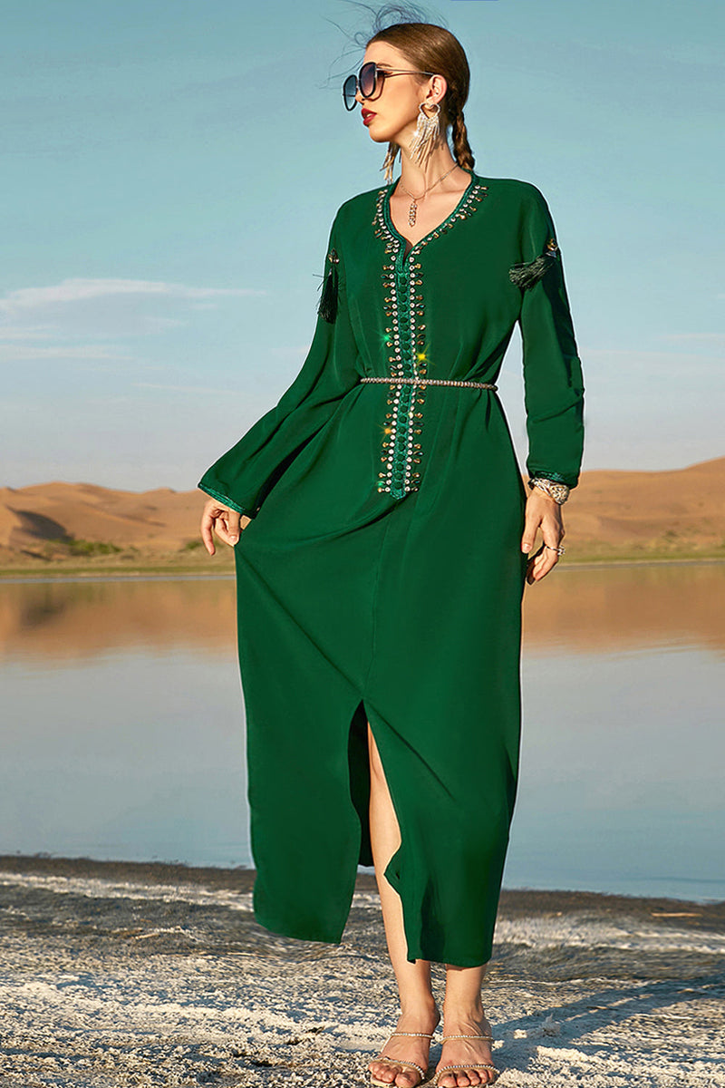 Load image into Gallery viewer, Mörkgrön Rund hals Lång Ärms Marokansk Kaftan