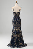 Glittrande Navy Spaghetti Straps Mermaid Bal Klänning