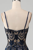 Glittrande Navy Spaghetti Straps Mermaid Bal Klänning