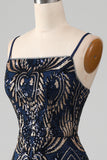 Glittrande Navy Spaghetti Straps Mermaid Bal Klänning