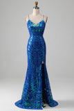 Royal Blue Mermaid glittrande balklänning med slits