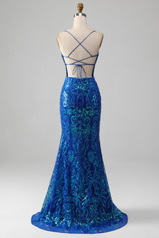 Royal Blue Mermaid glittrande balklänning med slits