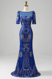 Mermaid Royal Blue glittrande balklänning med korta ärmar