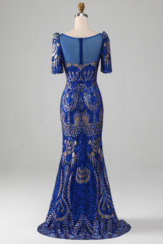 Mermaid Royal Blue glittrande balklänning med korta ärmar