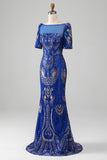 Mermaid Royal Blue glittrande balklänning med korta ärmar